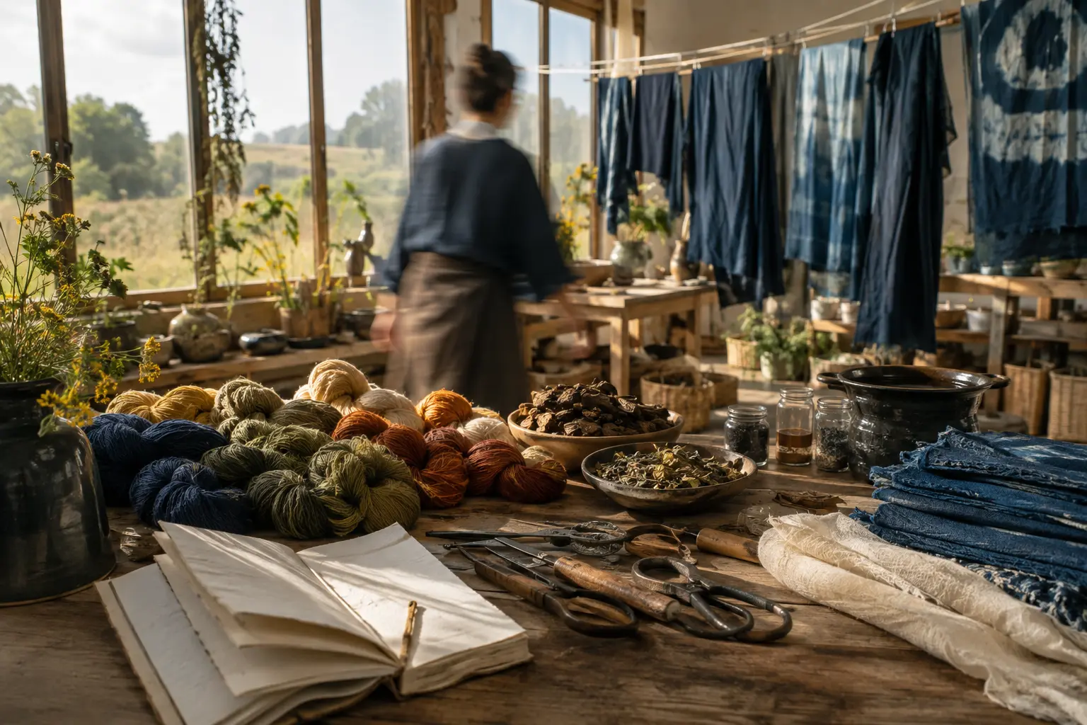 Plant-dyed skeins, indigo cloth and working tools in a sunlit studio