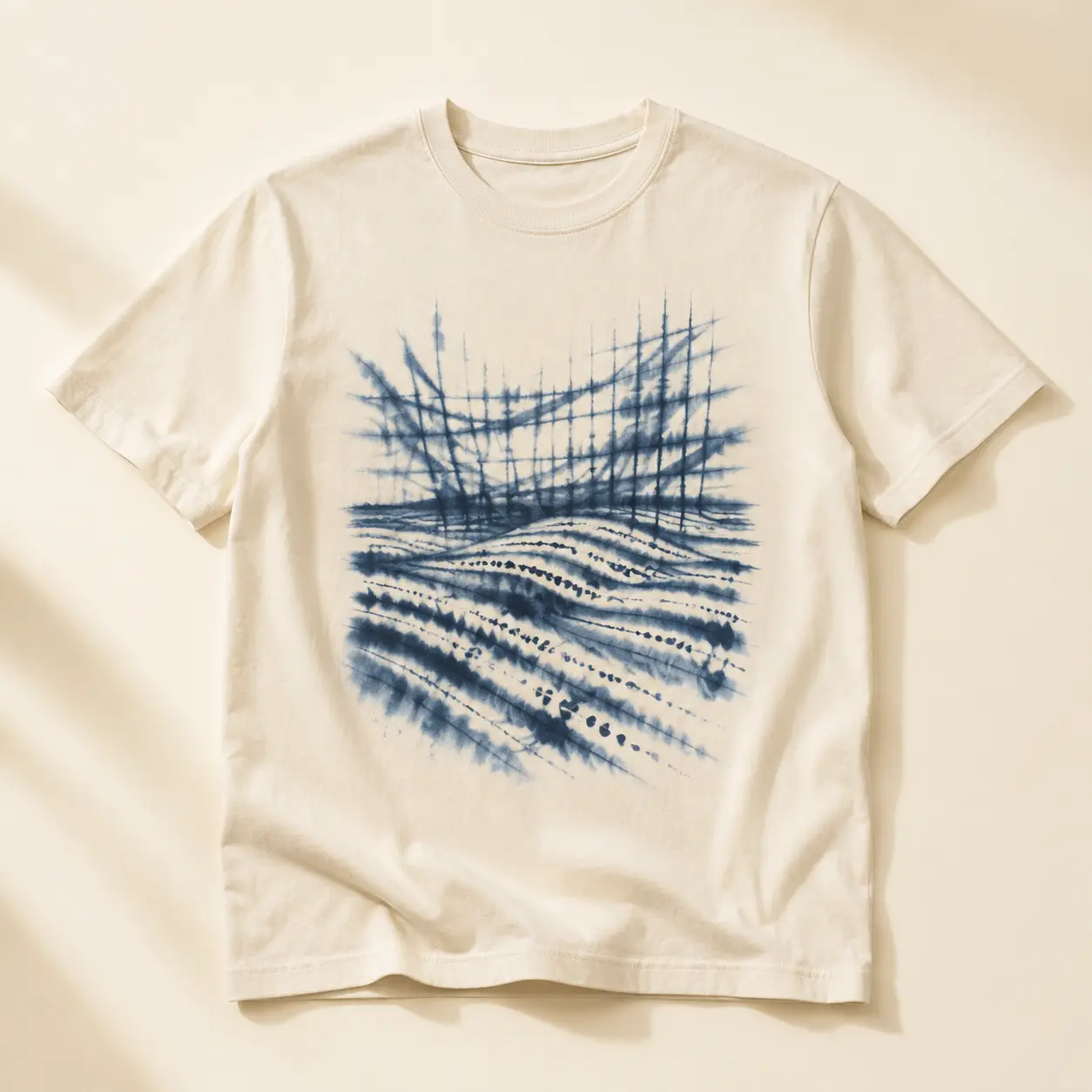 Natural organic cotton T-shirt with an abstract indigo field pattern
