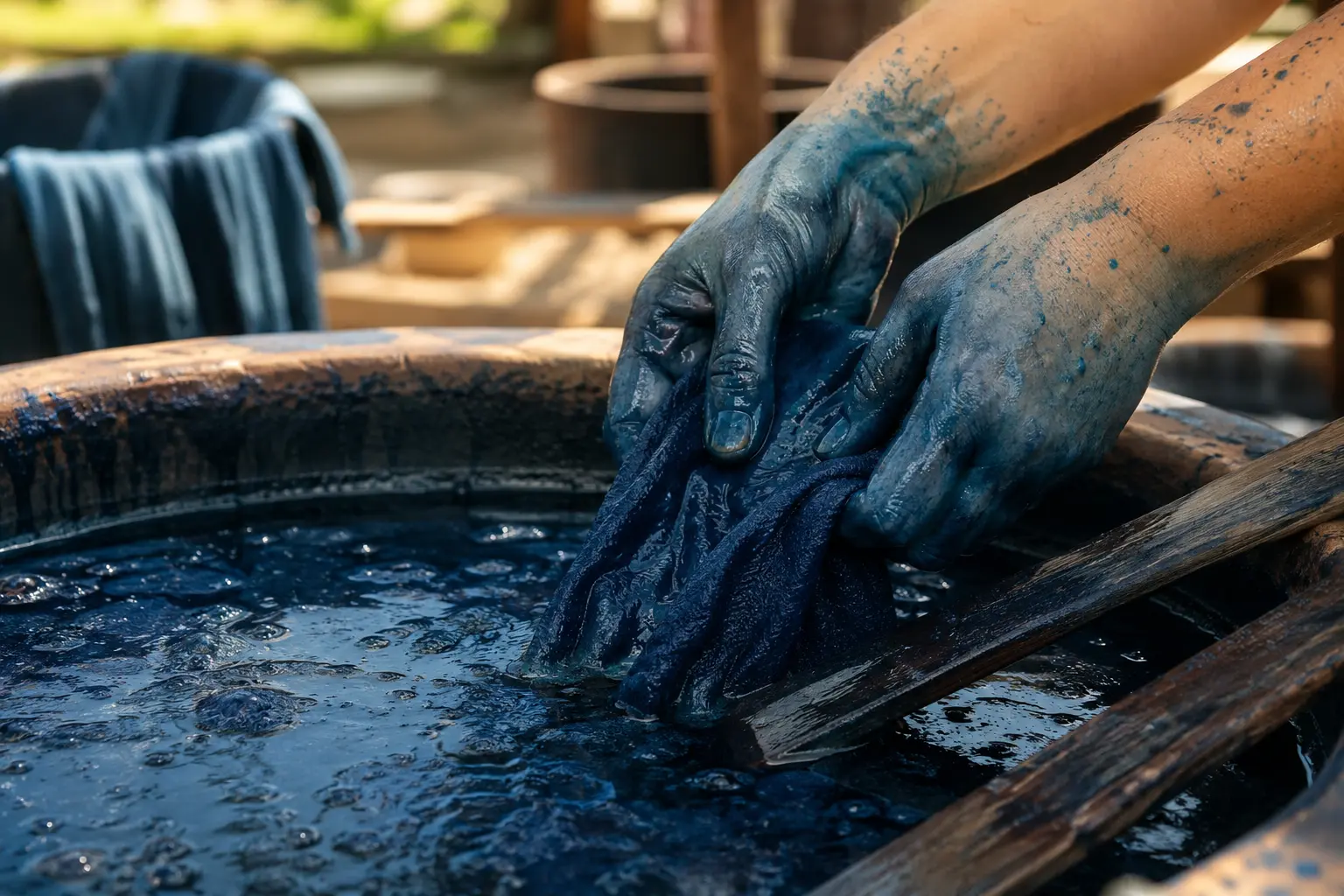 Hands and cloth at an indigo processing vat