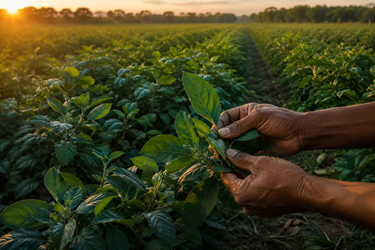 Hands harvesting indigo leaves