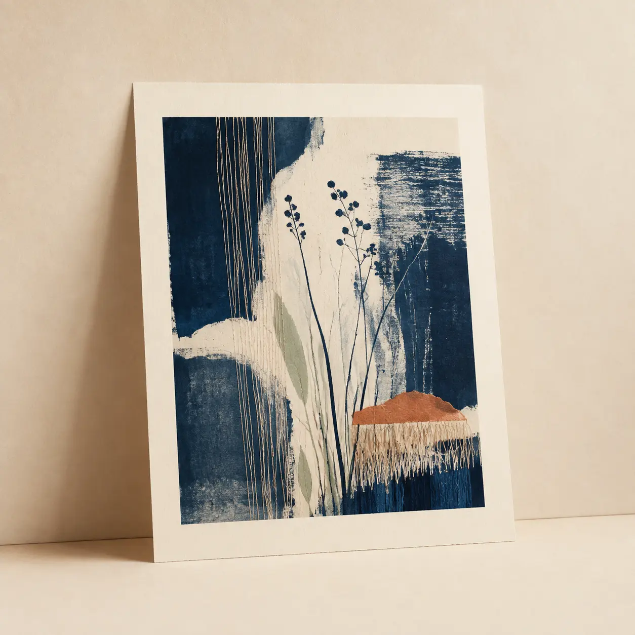 Abstract indigo botanical art print on warm white paper