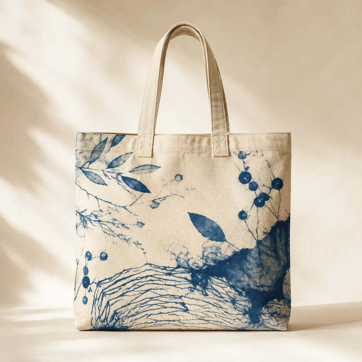 Natural canvas tote with indigo botanical artwork