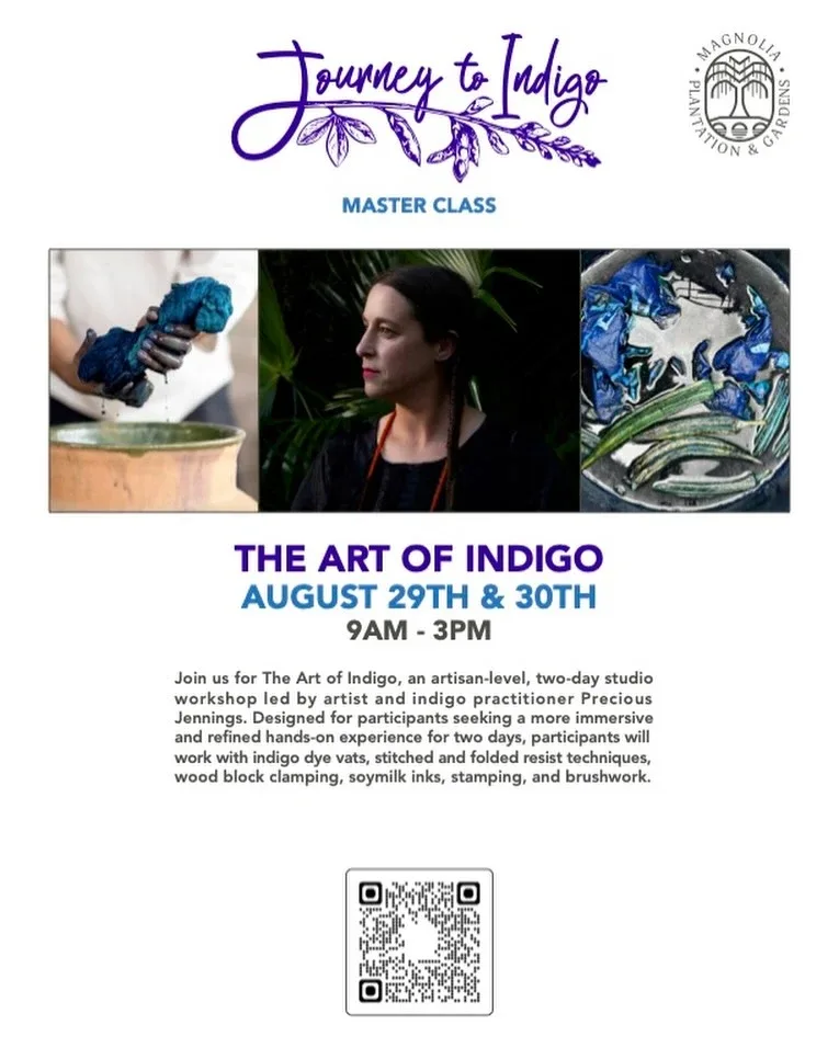 The Art of Indigo master class, August 29 and 30, as shared in the original workshop flyer.